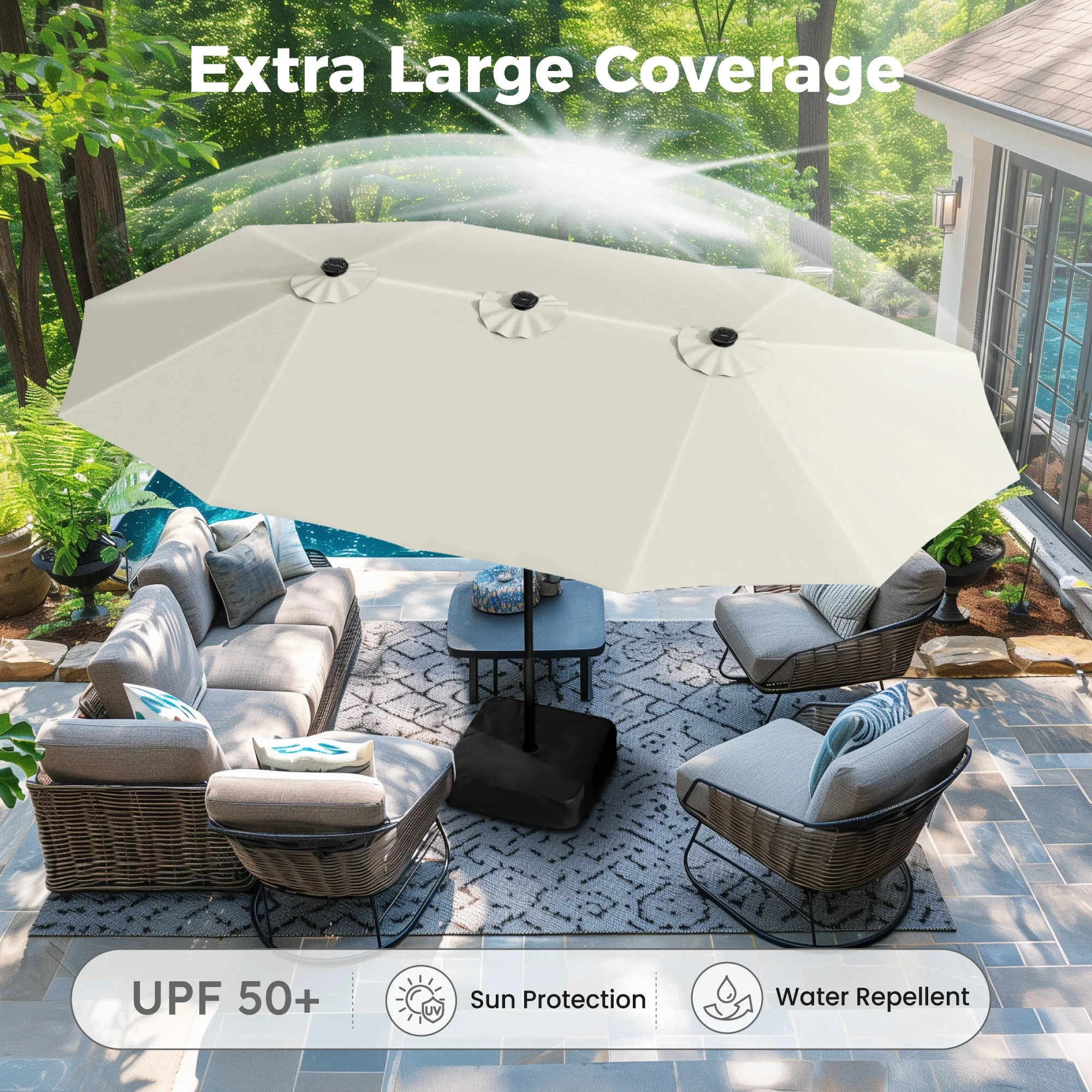 Alpha Joy 15ft Extra Large Outdoor Patio Double-Sided Umbrella with LED Solar Lights & Umbrella Base, Beige - Image 43
