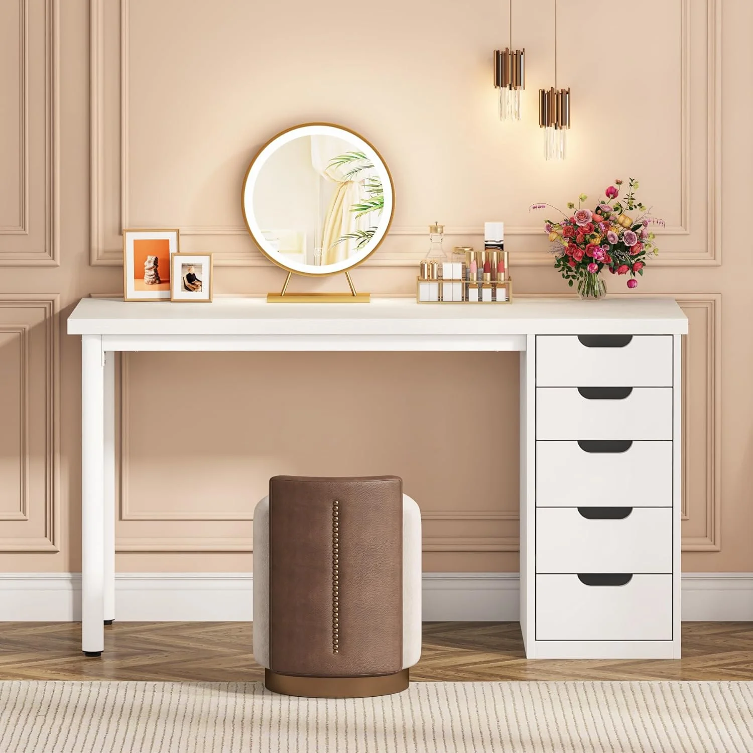 Tribesigns 47 inches Vanity Desk with 5 Drawers, Rustic Makeup Dressing Table with Storage, Modern Simple Computer Desk for Women, Girls (Brown) - Image 14