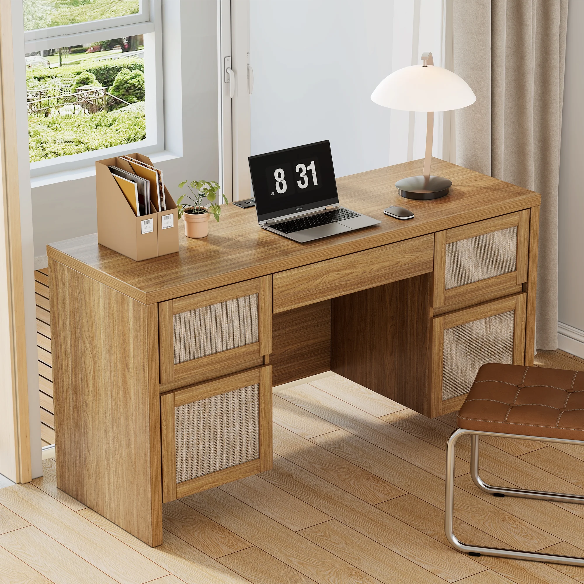 Brafab Home Office Desk with Charging Station, 5-Drawer Executive Desk with Rattan Front, Modern Farmhouse Computer Writing Desk, Built-in USB/Type-C Ports & Outlets - Image 3