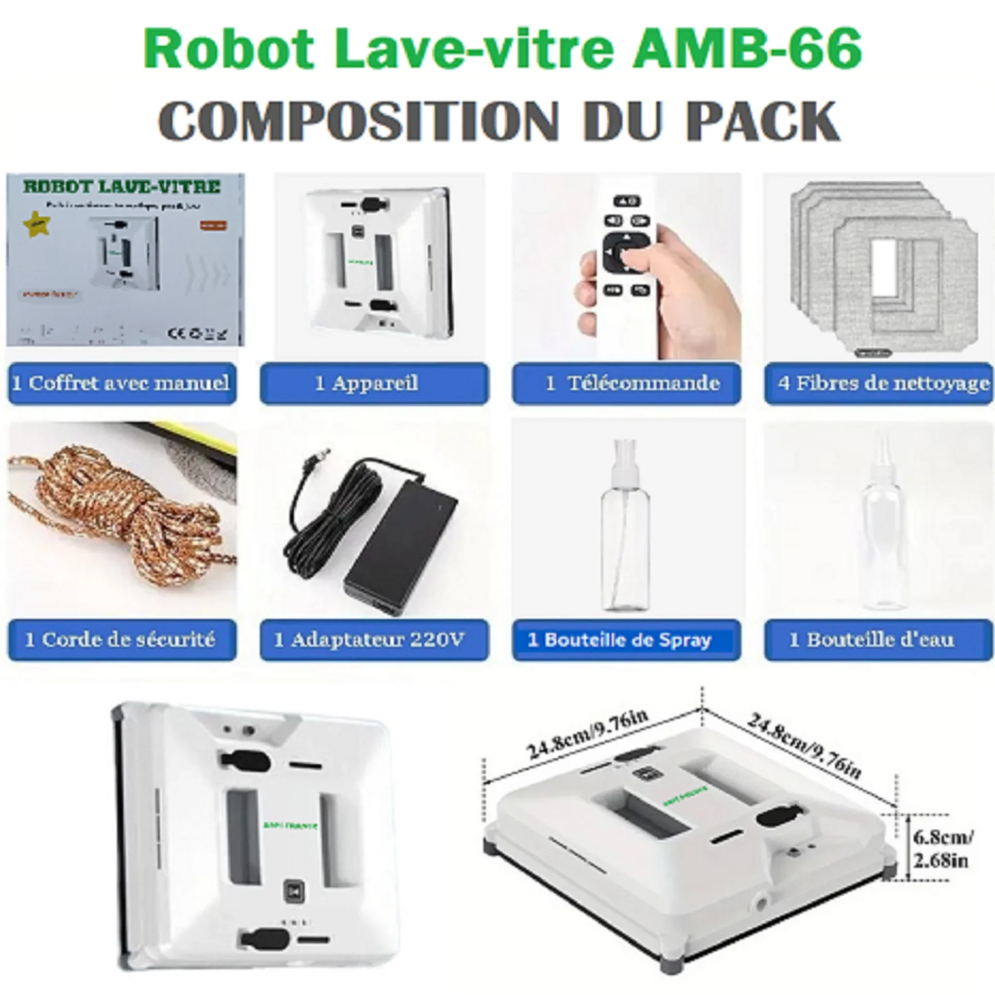 Robot Lave-vitre Intelligent - 24cm - Modèle AMB-66