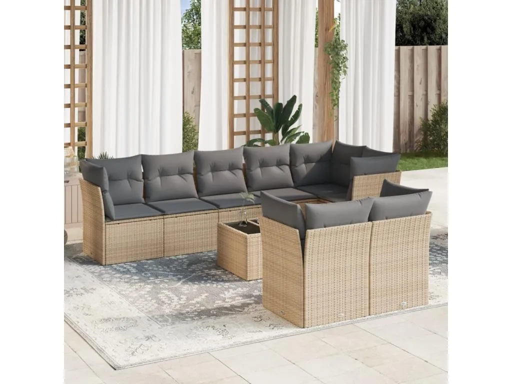 Set de sofás de jardín 9 pzas con cojines ratán sintético beige 36968kwjv