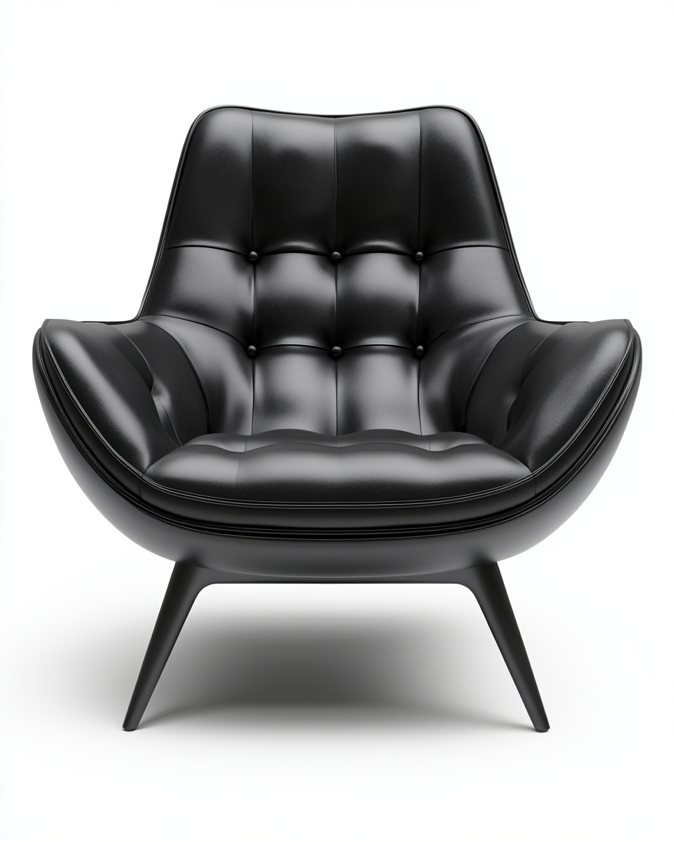 Sillón moderno de cuero negro con respaldo acolchado para salón