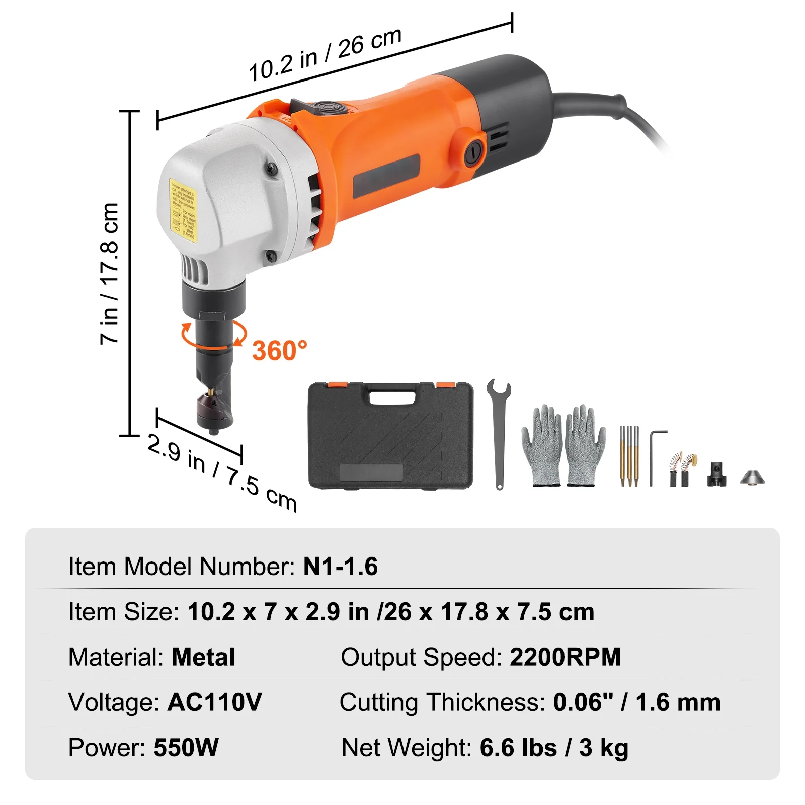 KFFKFF Sheet Metal Nibbler, 550W Powerful 2200 RPM High Speed, 360 Degree Rotation Electric Nibbler Metal Cutter, Straight Curve and Circle Cutting for Stainless Steel, Aluminum, Plastic - Image 6