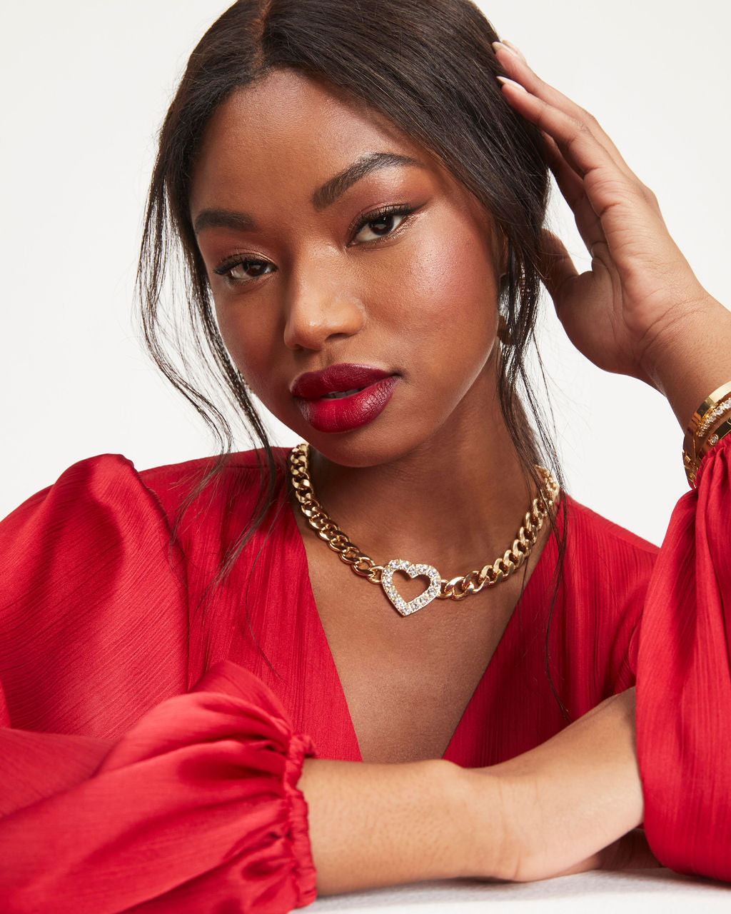 Shashi - Catherine Heart Embellished Chain Necklace - Gold - Se7enfashion