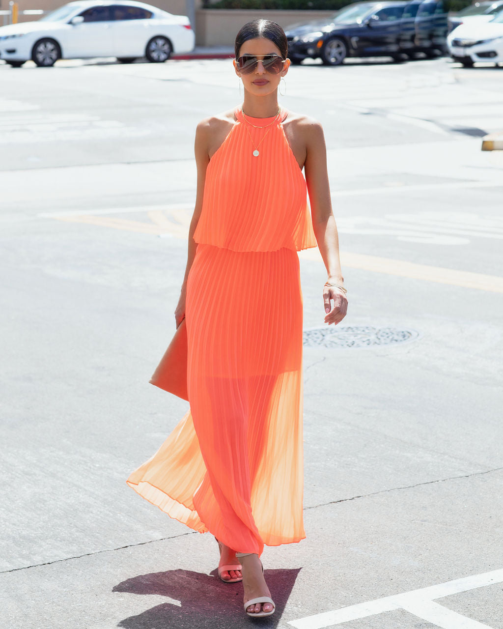 Calixta Halter Pleated Maxi Dress - Neon Orange - FINAL SALE - Se7enfashion