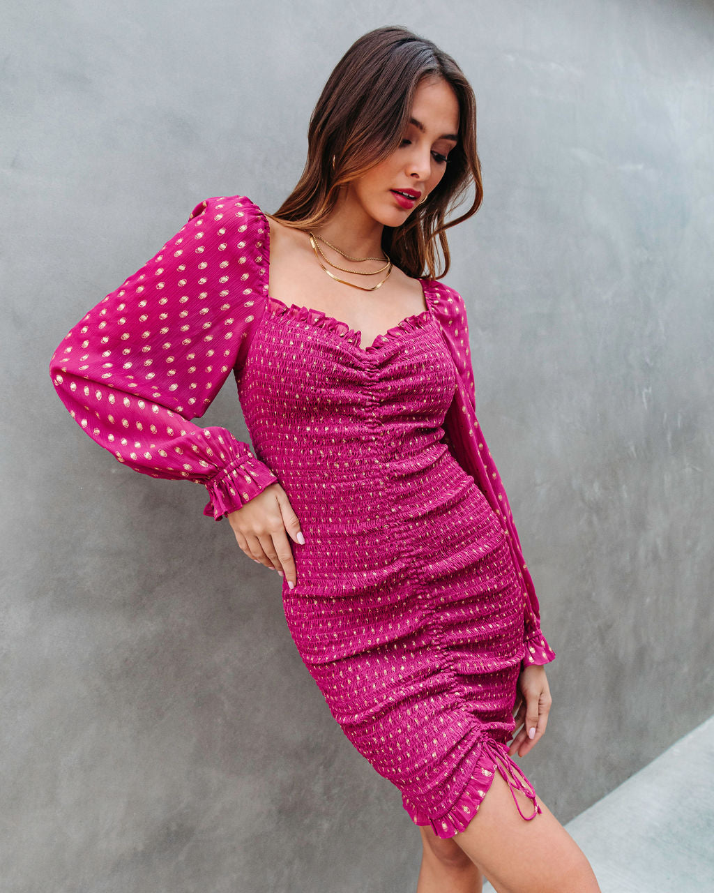 Fiesta Time Smocked Metallic Polka Dot Mini Dress - Berry - Se7enfashion