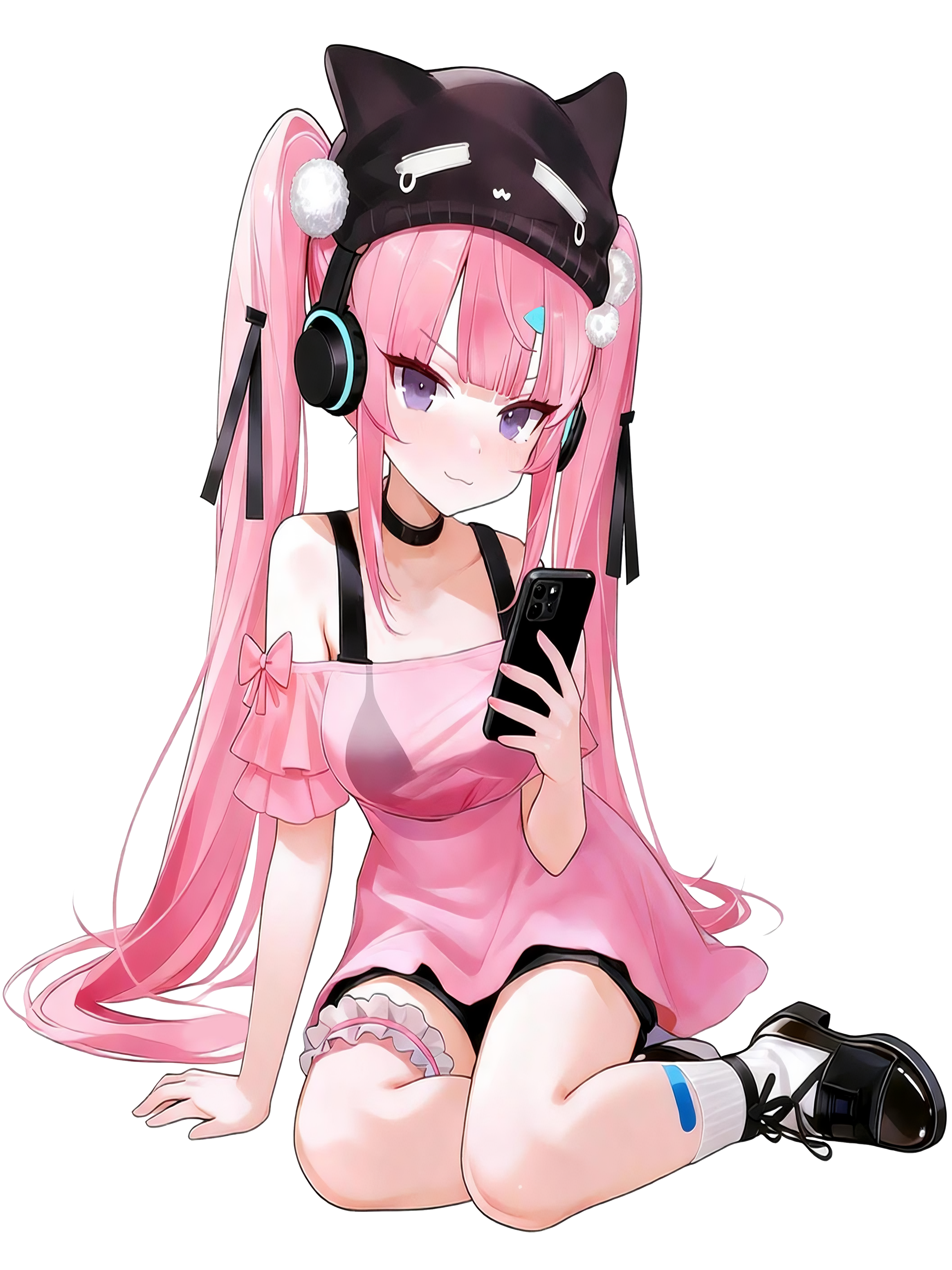 Chica anime de cabello rosa con audífonos, gorro de gato y teléfono móvil