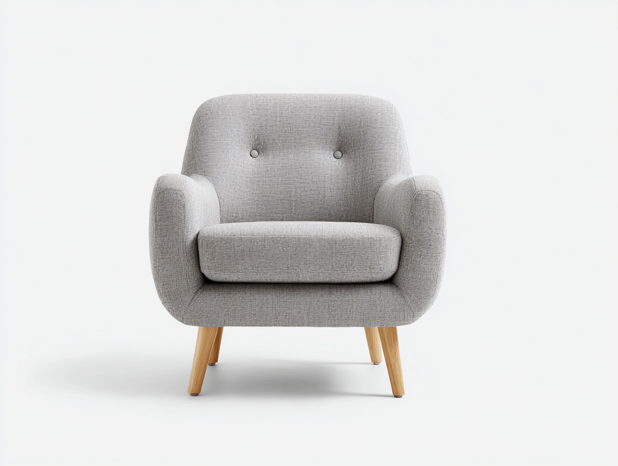 Sillón individual tapizado en tela gris con patas de madera maciza 85×80×90 cm – estilo nórdico moderno