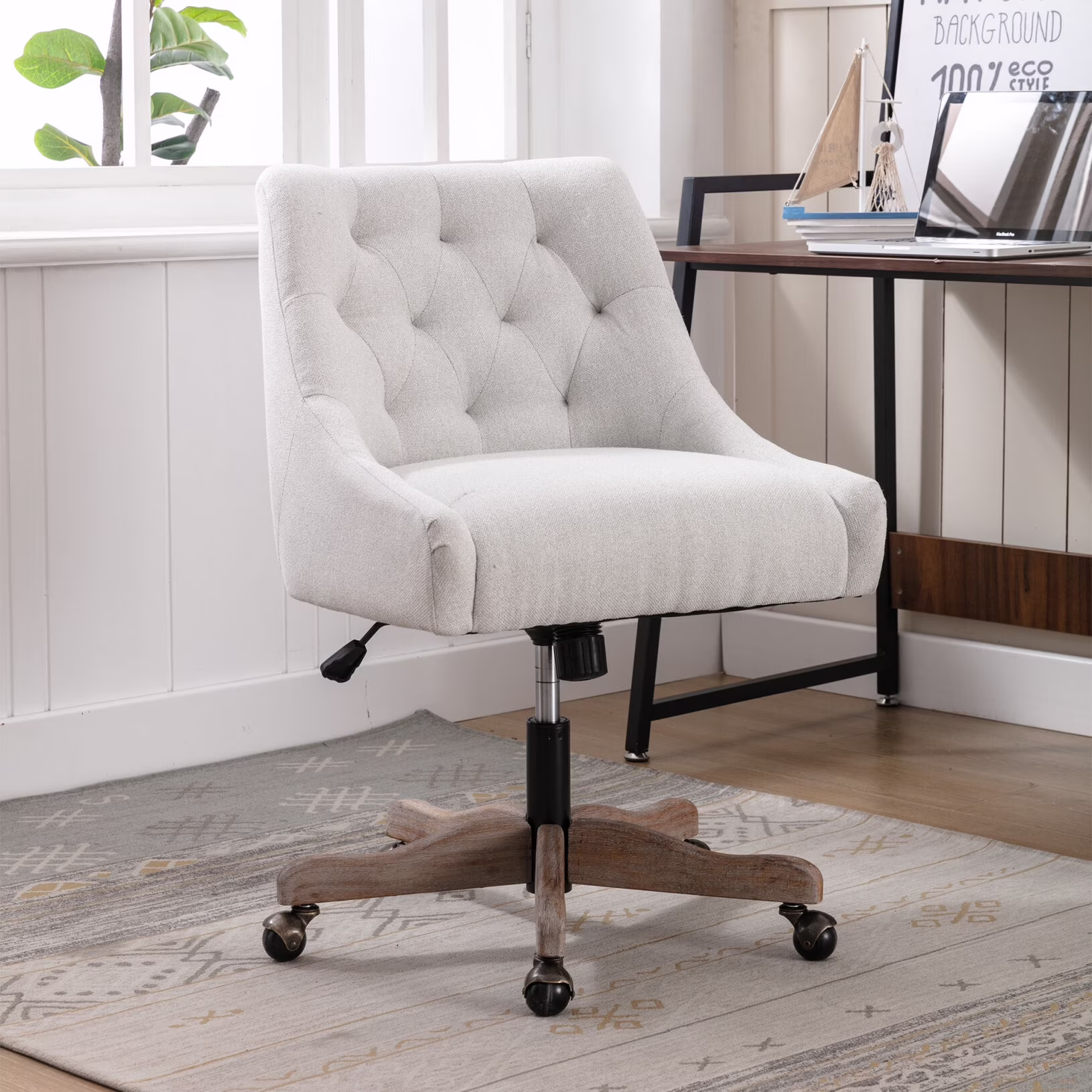 360 Degree Swivel Office Desk Chair, Upholstered Leisure Vanity Chair with Solid Wood Base and Wheels, Adjustable Height Computer Chair for Bedroom Living Room, Brown - Image 3