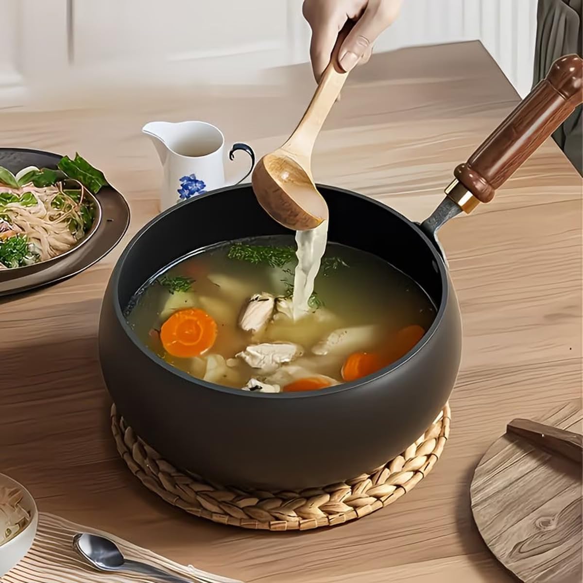 Uncoated Thick Iron Pot, Japanese Cast Iron Pot, Multifunctional Non-Stick Cast Iron Wok with Lid, Fry, Stir-Fry, Deep-Fry & Stew — For Electric, Induction & Gas Stoves (With Lid, 10.24in)