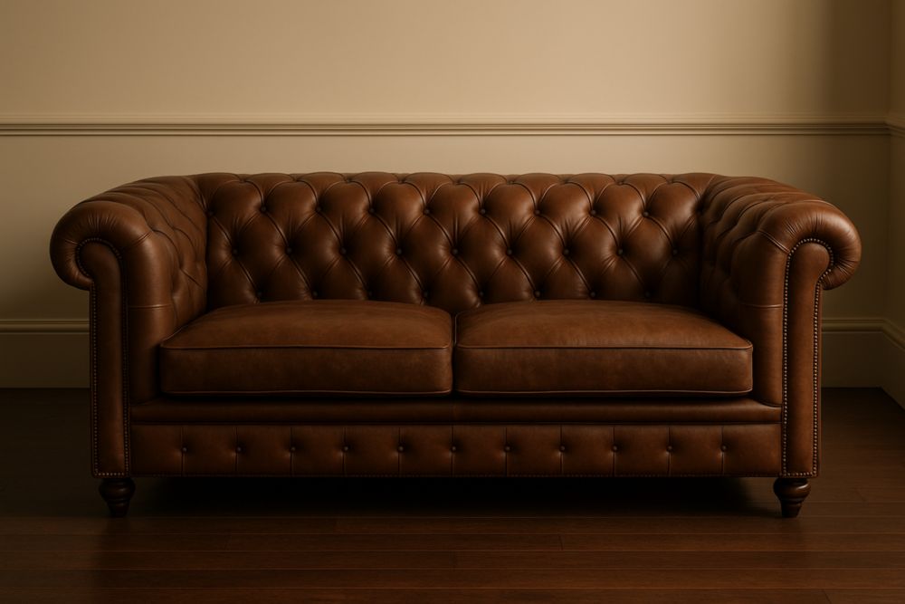 Sofá de 2 plazas de 215x90x75 cm con tapizado en cuero marrón y diseño capitoné