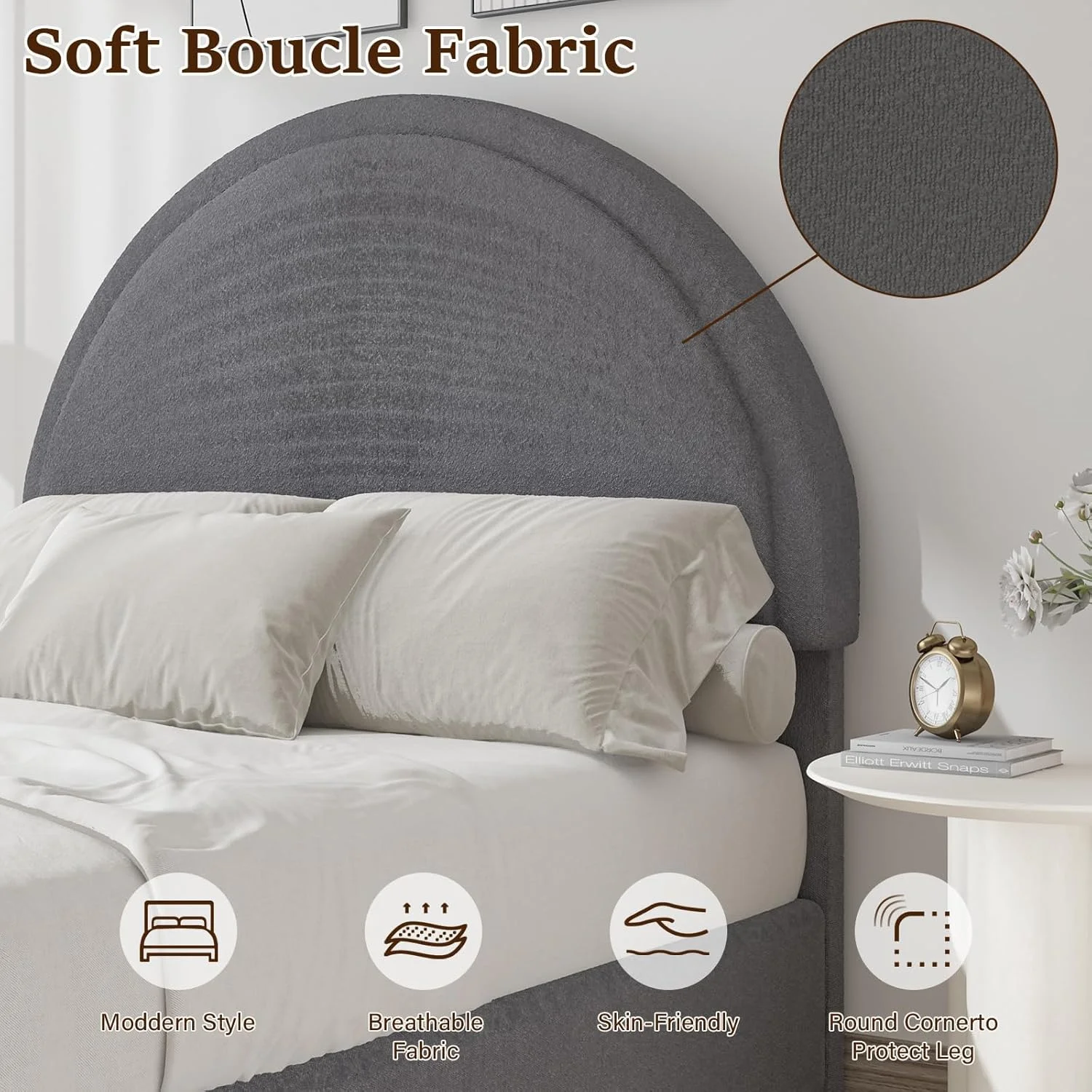 4 EVER WINNER Queen Size Bed Frame, Boucle Upholstered Bed Frame with Headboard, White Queen Bed Frame, White