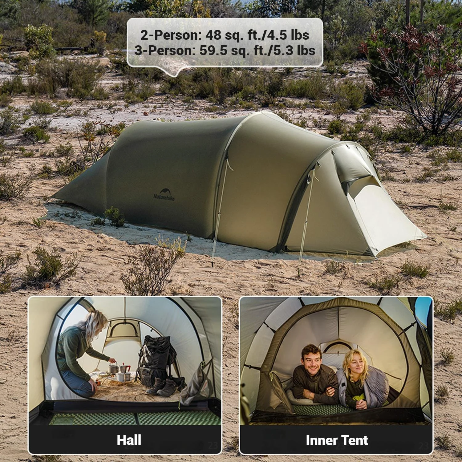 Naturehike, Ultralight Hiking Tent, Tear-resistant Tunnel Tent, Waterproof Camping Tent, Windproof Tent with Hall, 15D Lightweight Silicone-coated Nylon Fabrics,Large size for 2/3 Person. - Image 16