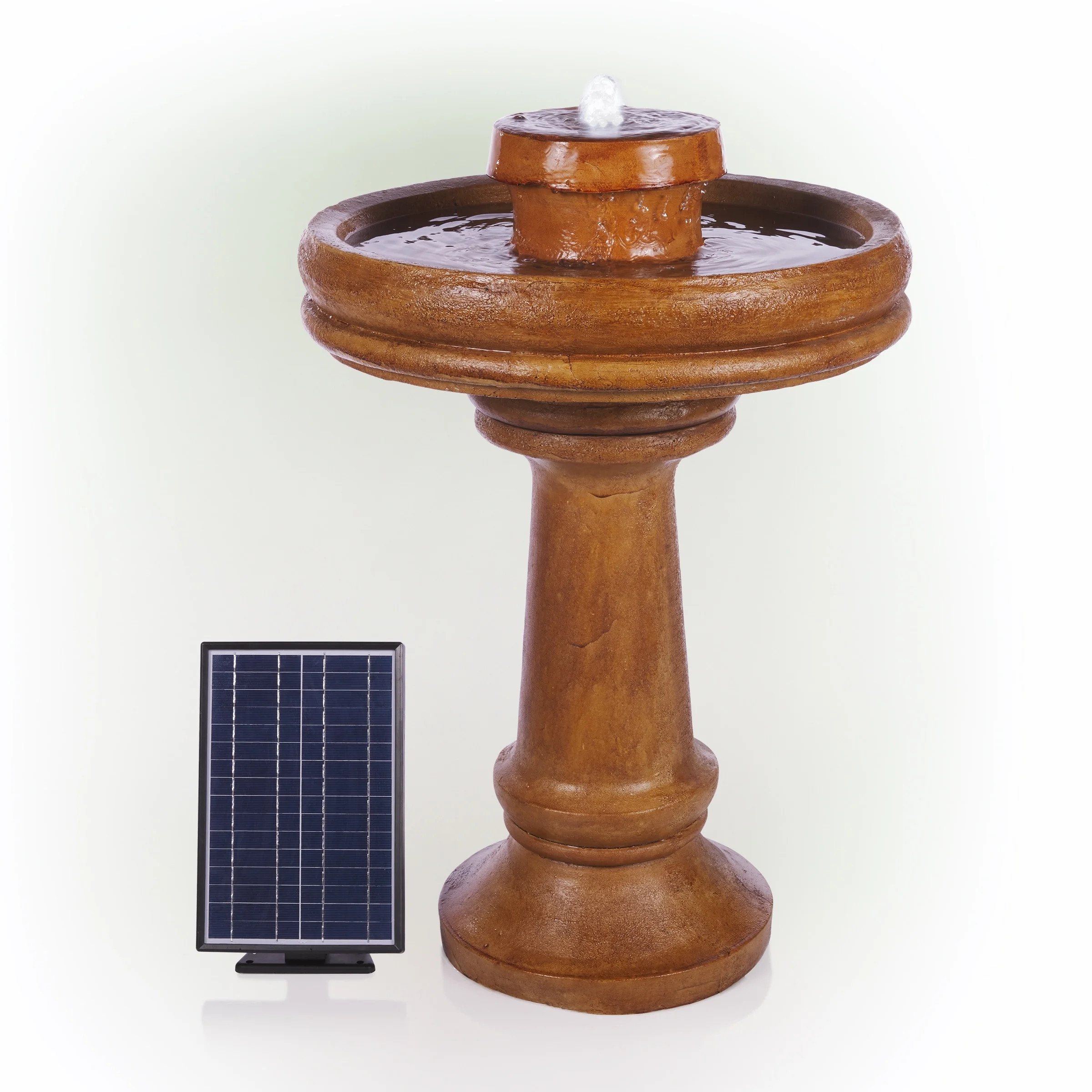 Alpine Corporation 29" Outdoor Birdbath Fountain with LED Lights Classic Pedestal Solar-Powered Garden Water Feature, Brown - Image 2
