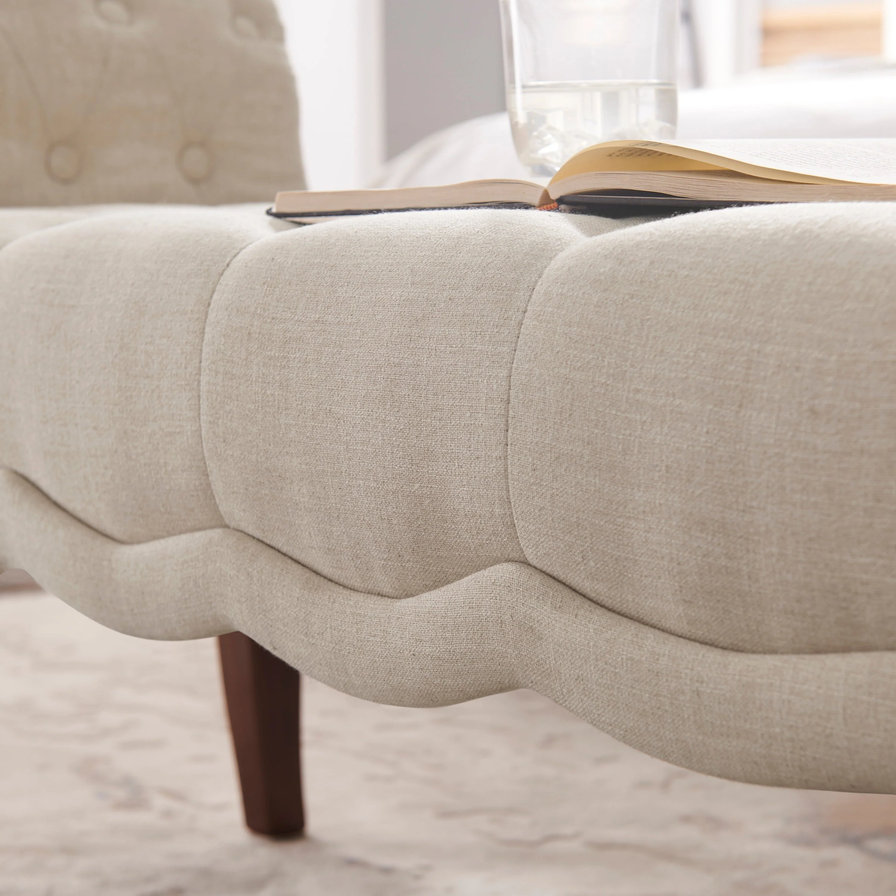 Linon Menlo Rolled Arm Button Tufted Bench, Dark Walnut Finish with Natural Fabric - Image 3
