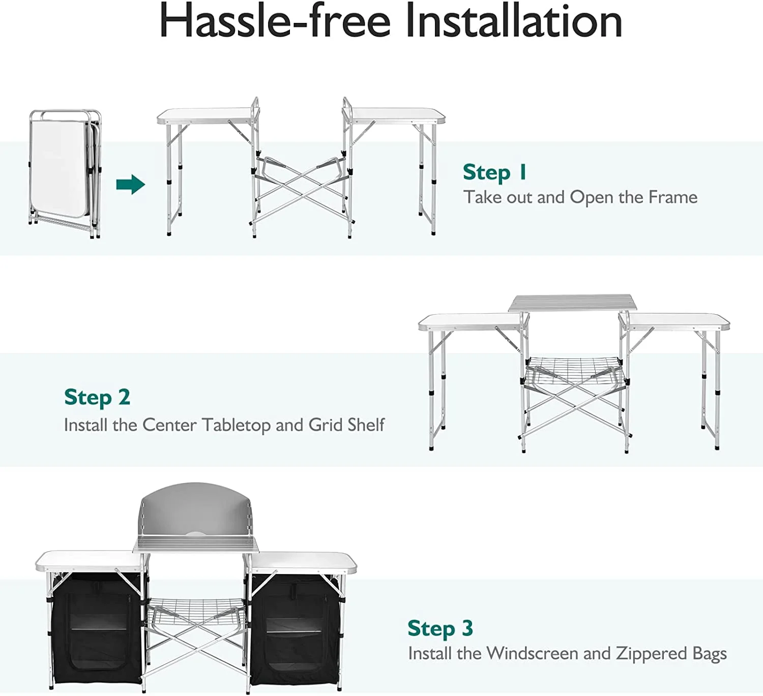 Camping Kitchen Table with Storage, Aluminum Portable Outdoor Cooking Table with Windscreen, Foldable Camp Table Cook Station for BBQ, Grill, Party, Picnics - Image 5