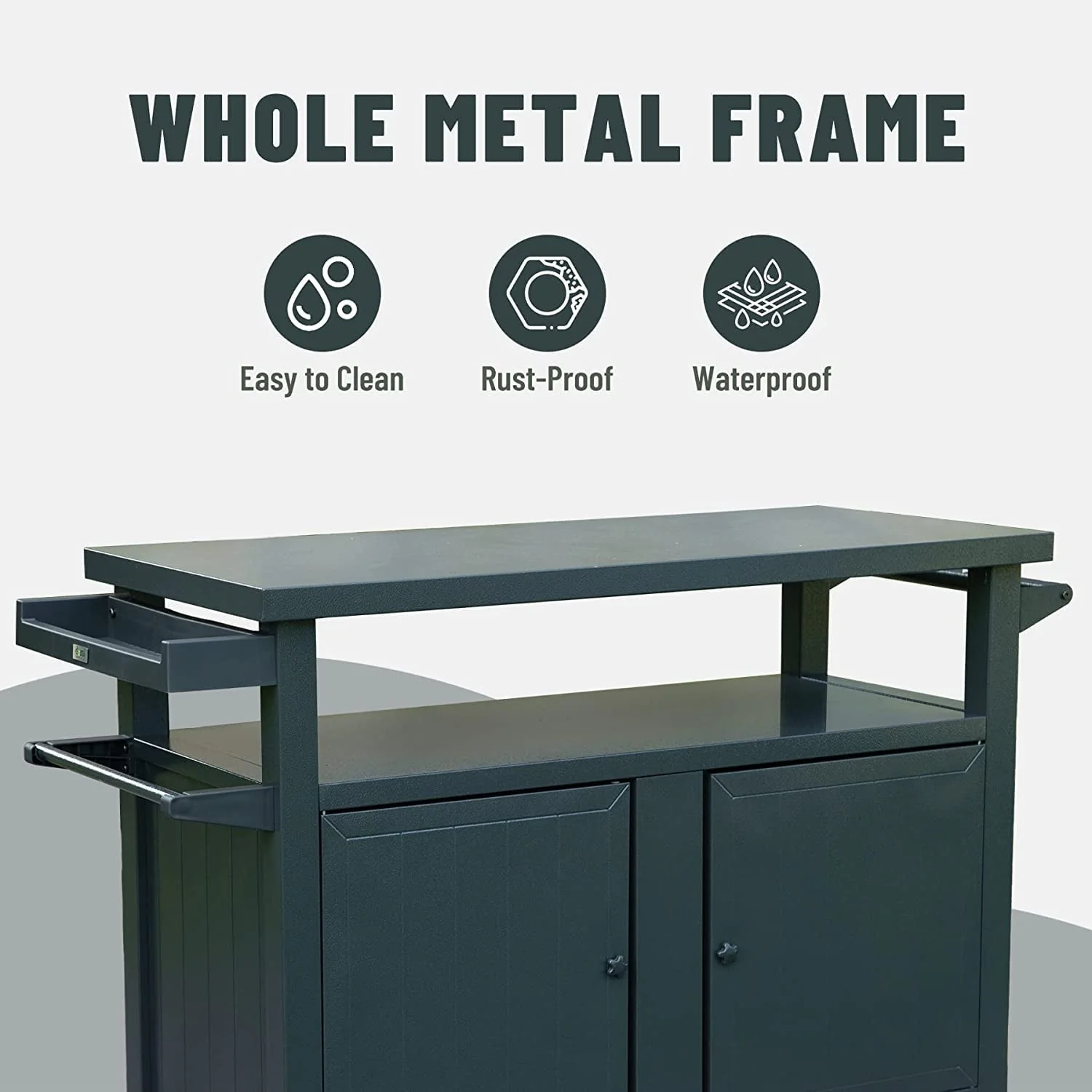 Domi Grill Carts Outdoor with Storage and Wheels, Whole Metal Portable Table and Storage Cabinet for BBQ,Deck,Patio,Backyard(Dark Grey,L45x W20.31x H35.51 Inch) - Image 4