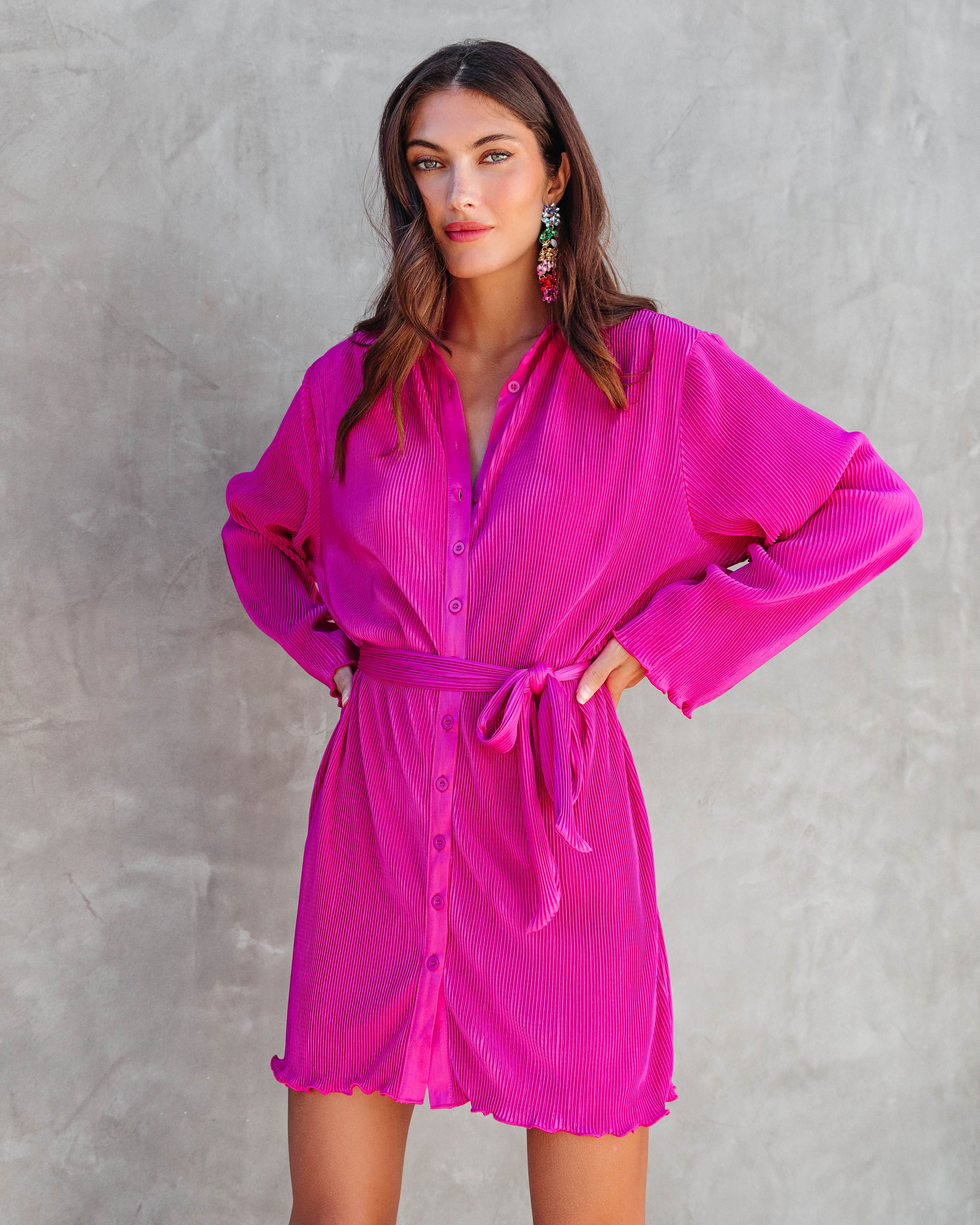 Stellar Vibes Plisse Button Down Shirt Dress - Magenta - Se7enfashion
