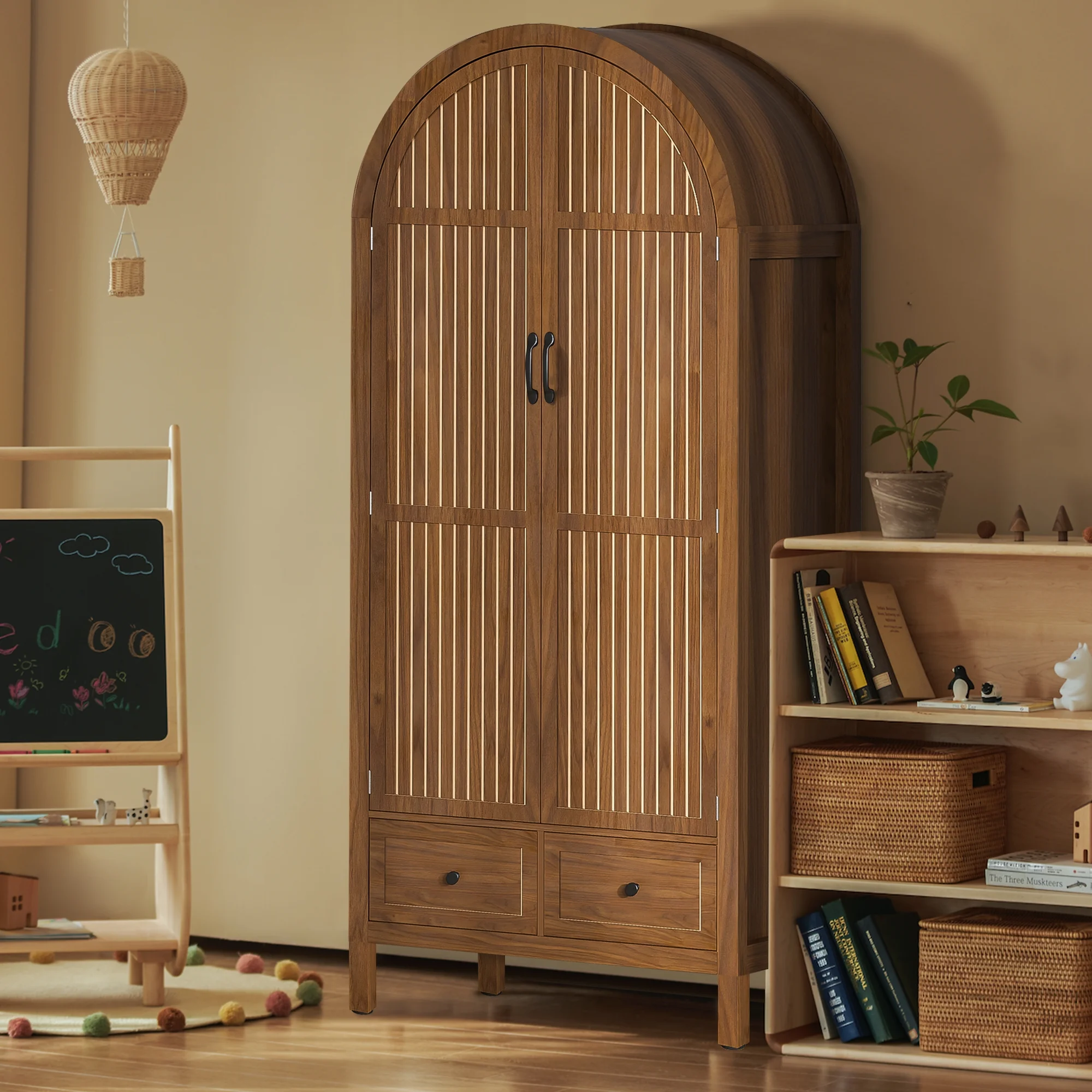 Oubayajia Arched Armoire Wardrobe Closet with Fluted Doors, Wooden Wardrobe Closet with Drawers, Shelves and Hanging Rod for Bedroom - Image 7