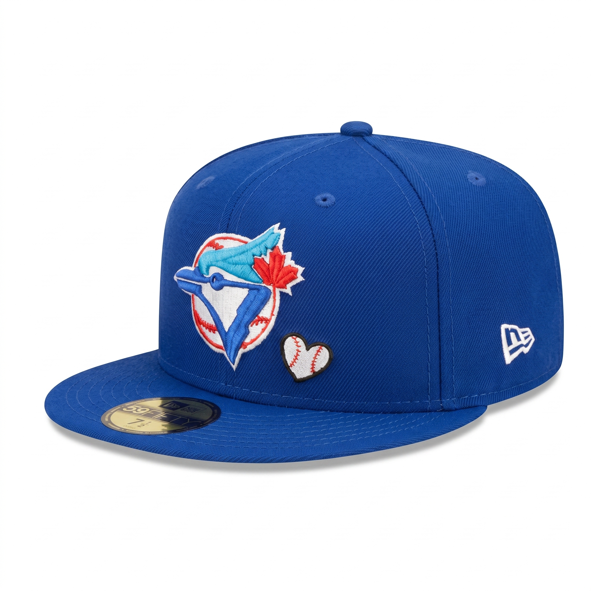Front left angle of the Toronto Blue Jays fitted hat showing the team logo, heart baseball embroidery, and white New Era flag