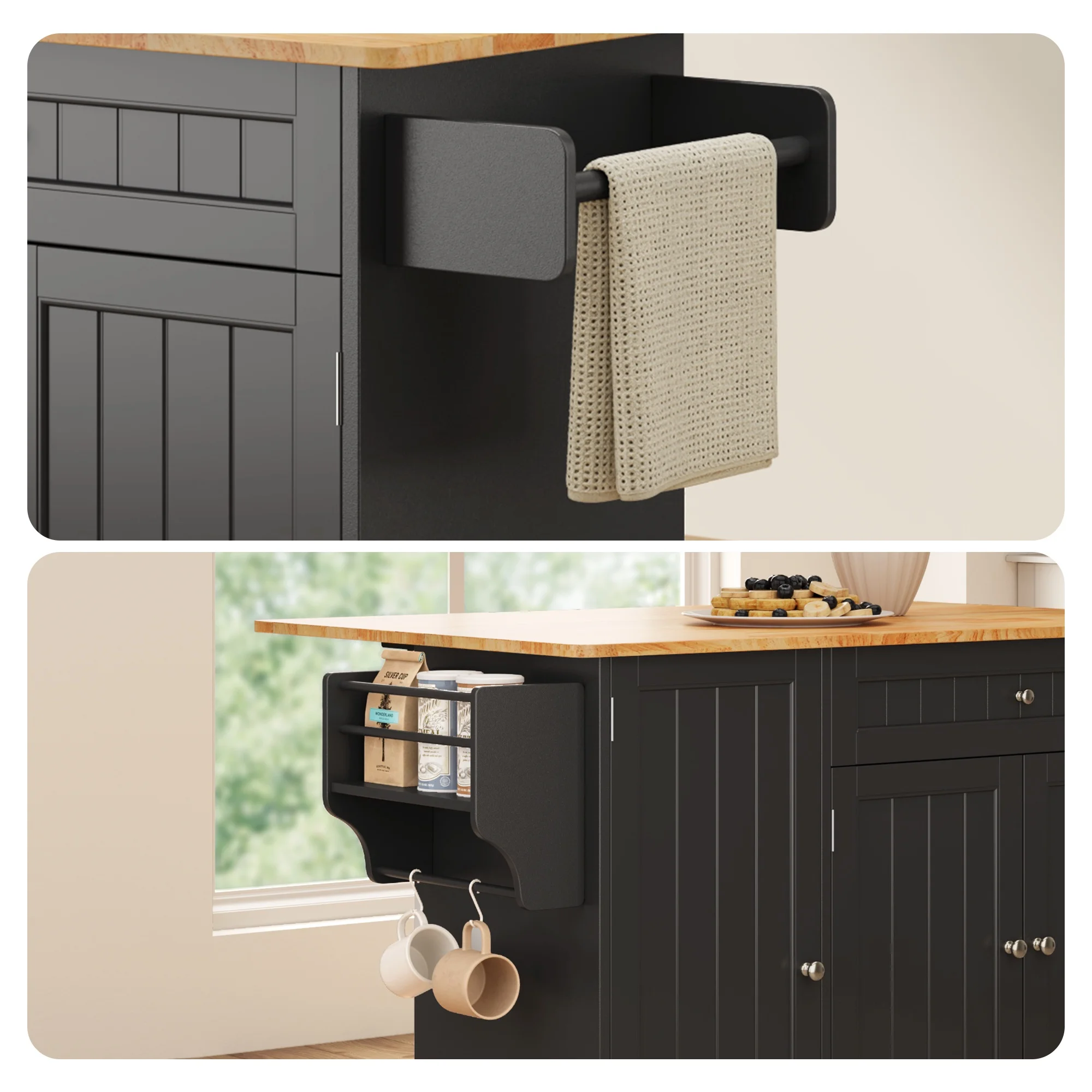 Noelse Kitchen Island with Storage, Island Table for Kitchen with Drop Leaf, Spice Rack, Towel Bar for Small Kitchens, White - Image 23