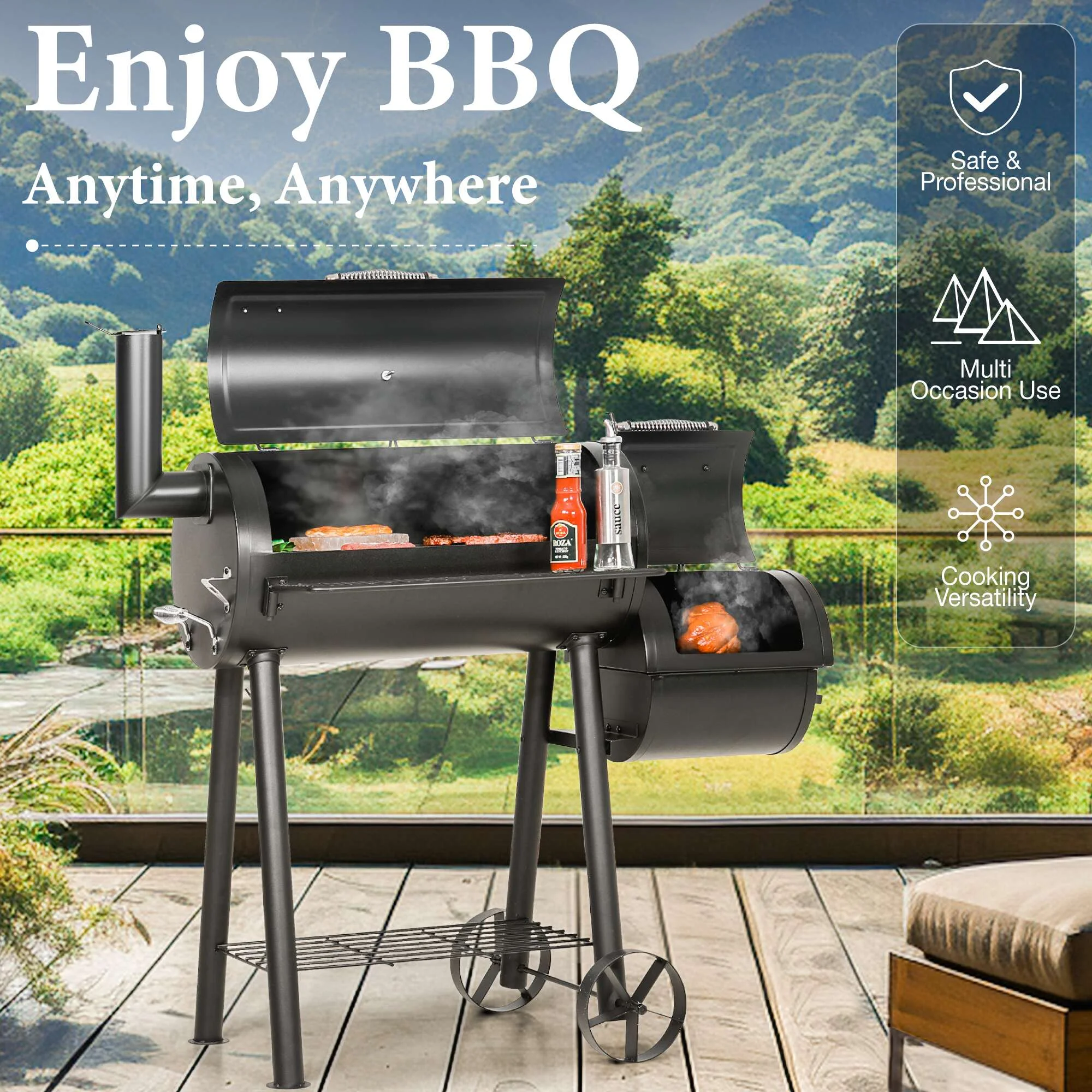 Summit Living Charcoal Grill with Offset Smoker 941 sq.in. Extra Large BBQ Grill Black - Image 15