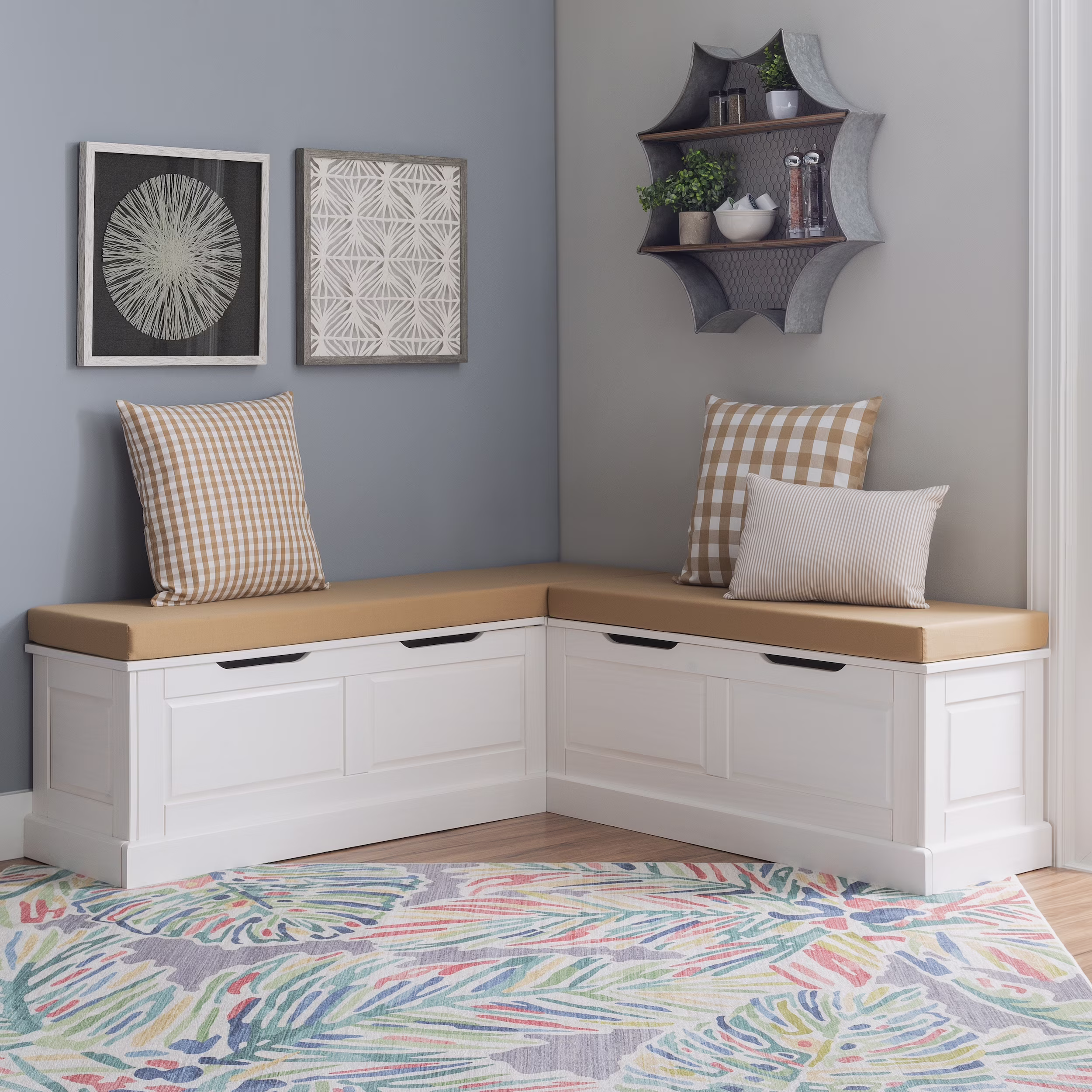 Linon Romero Backless Corner Nook with Storage, 5-Piece Cushion Set, Natural/White/Beige - Image 14
