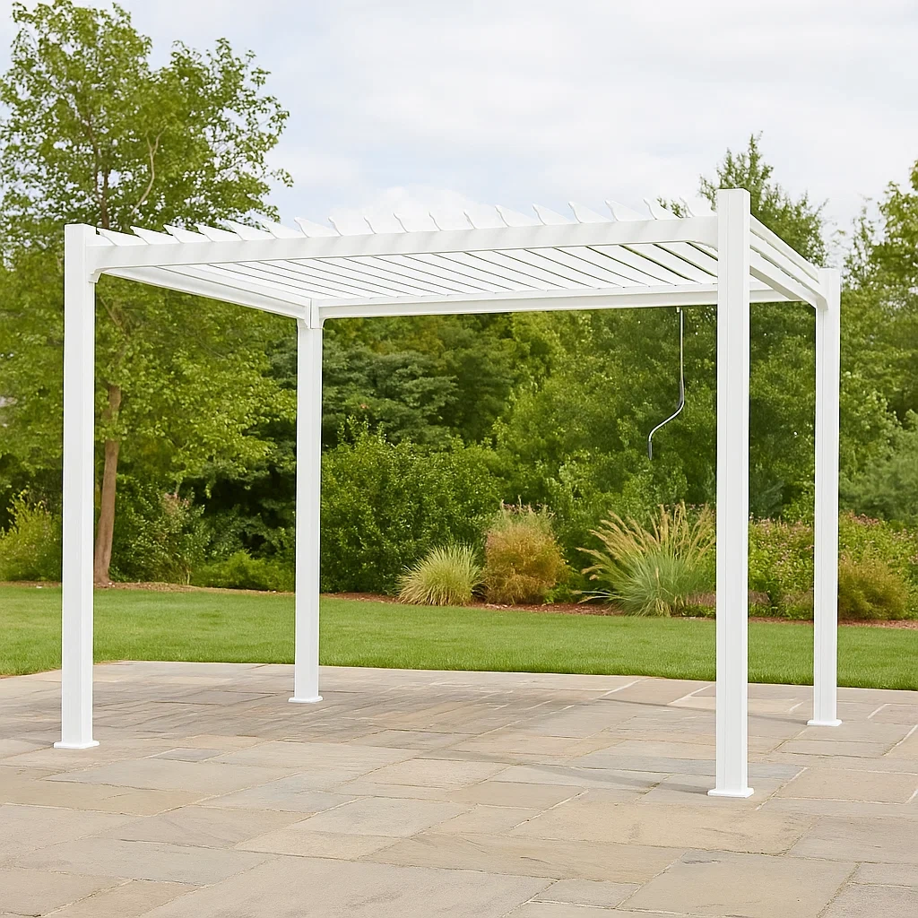 Pérgola de jardín metálica blanca,estructura de acero,350x250x270 cm,techo de lamas - oWeGTmdH4VLE