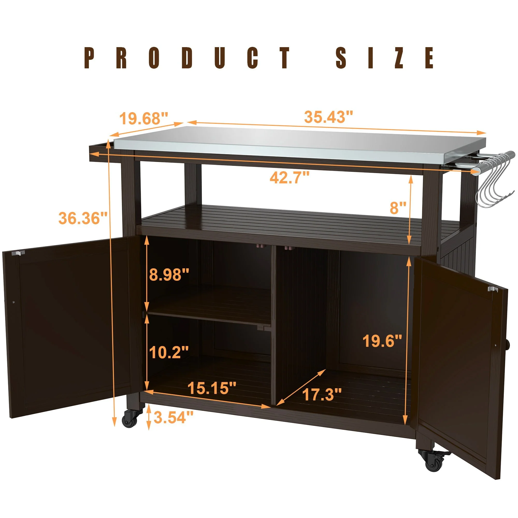 Outdoor Prep Table Grill Station, Solid Wood Movable Dining Cart Table, Dark Brown - Image 6