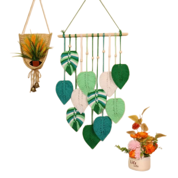 Nordic-style color-block leaf tapestry—hand-woven cotton rope wall hanging; an ethnic-style decorative piece for entryways or feature walls.