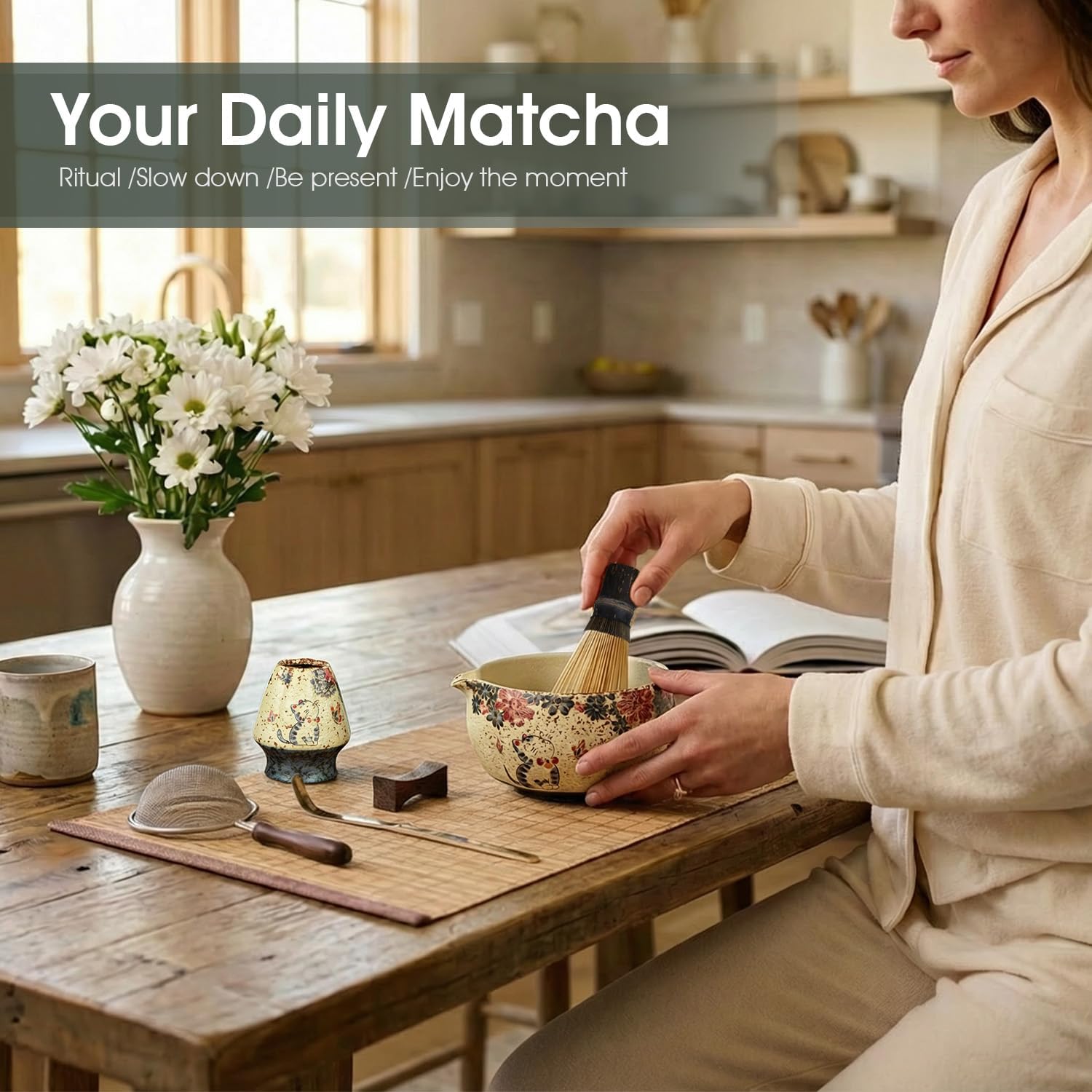 Matcha Whisk Set, 7-Piece Matcha Kit with Ceramic Bowl, Bamboo Whisk, Scoop, Sifter, Holder & Bamboo Mat – Premium Matcha Tea Set for Beginners & Matcha Lovers, Gift Ready