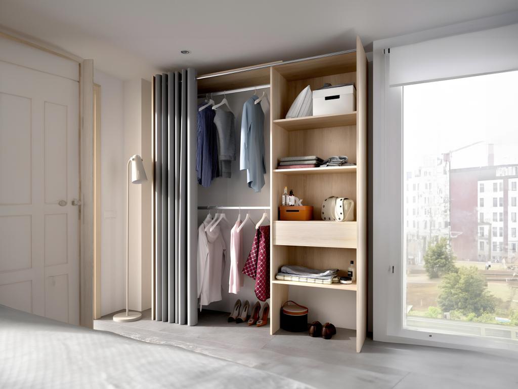 Armario ropero extensible con cortina y cajón - roble