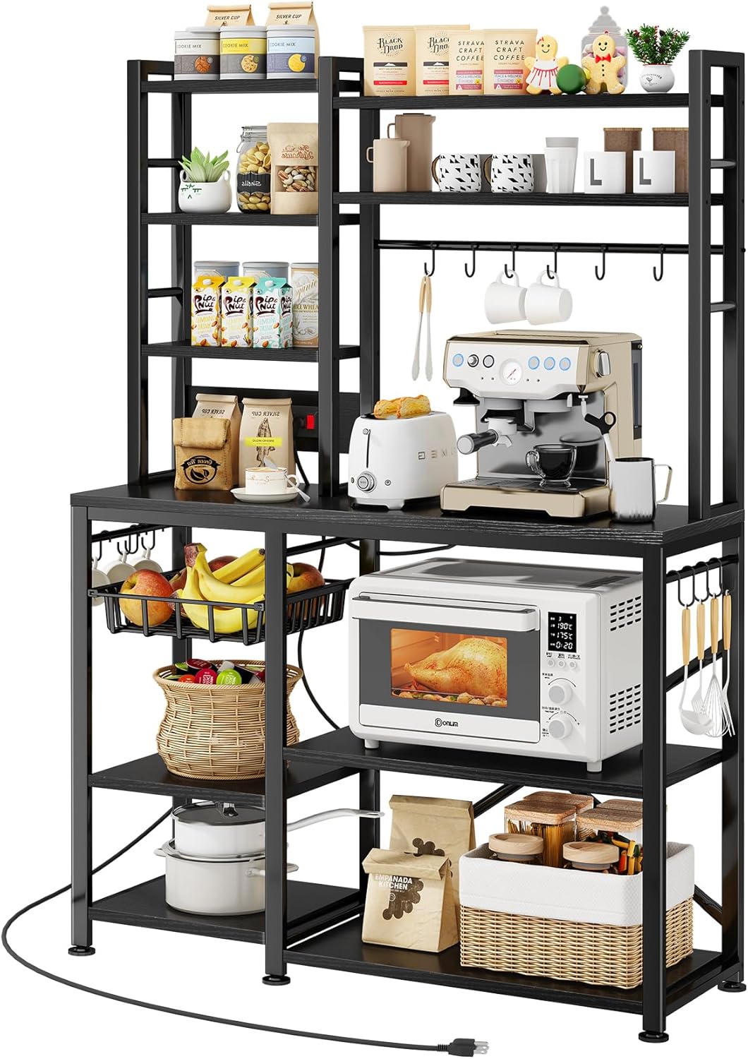SNTD Baker Rack with Power Outlet - Microwave Stand with Storage, Large Coffee Bar Station with 14 Hooks, Metal Kitchen Shelf Rack for Spices, Pots (Rustic Grey)