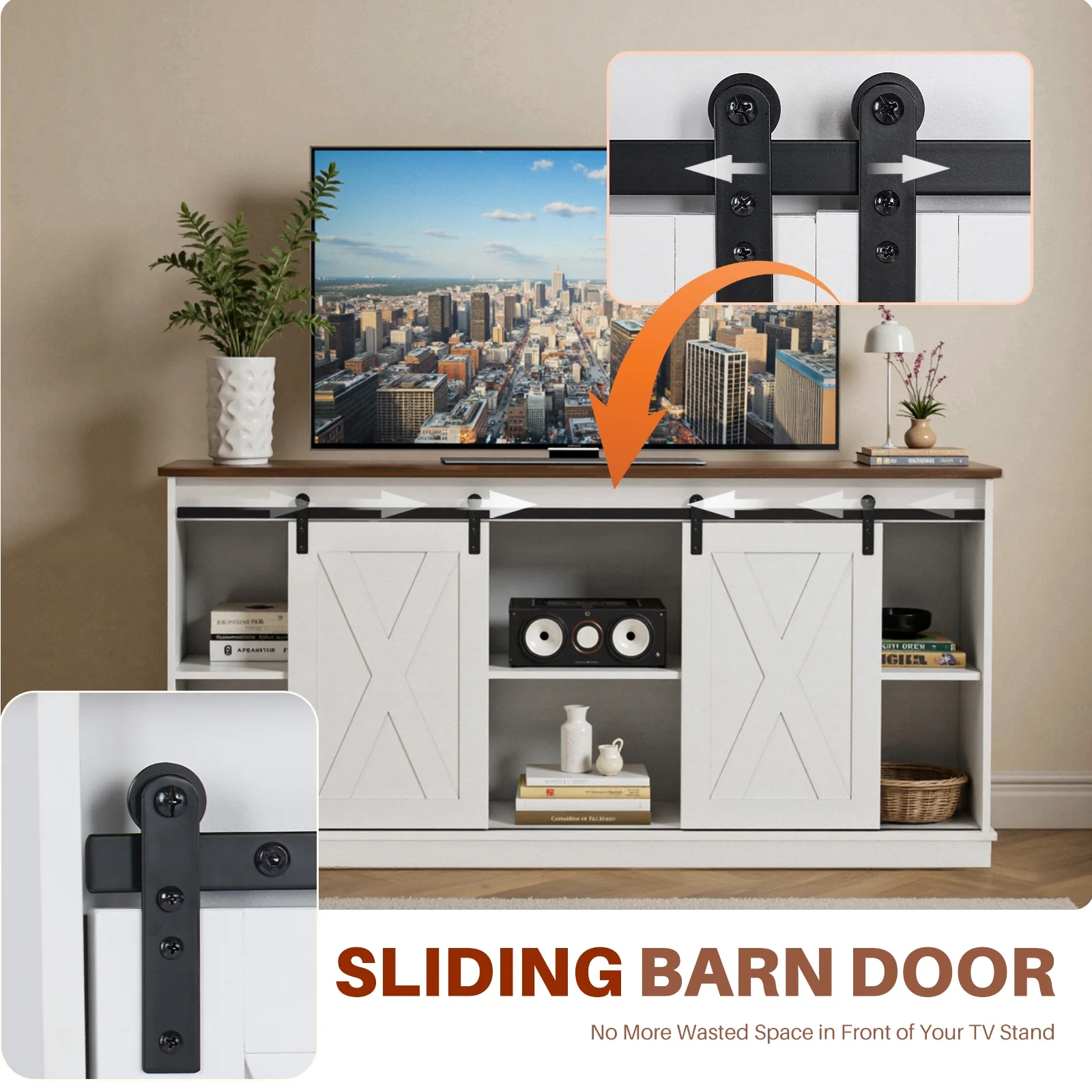 GIANNA TV Stand for Televisions up to 65 Inch, Entertainment Center with Sliding Barn Doors, Storage Cabinets and Media Shelves, Living Room Console Table, White - Image 5