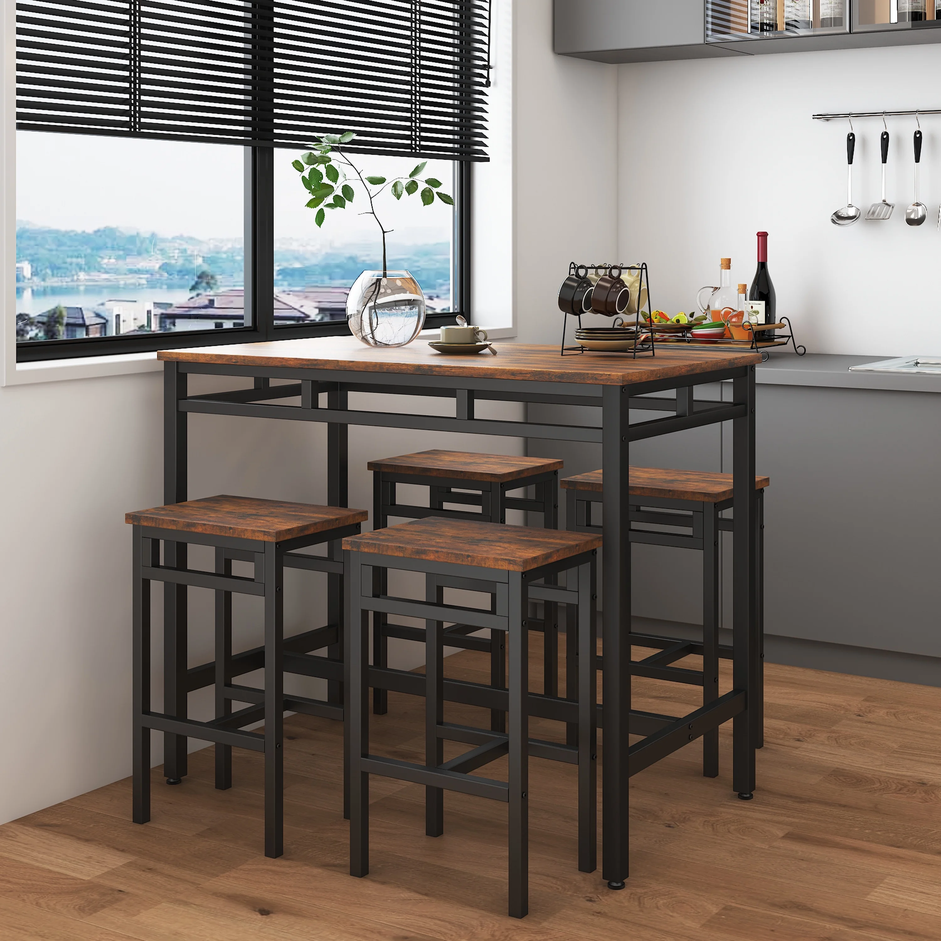 Counter Height Table Set of 5, Breakfast Bar Table and Stool Set, Minimalist Dining Table with Backless Stools, Wood Top Pub Table & Chair Set for Kitchen Apartment Bistro - Space Saving - Image 16