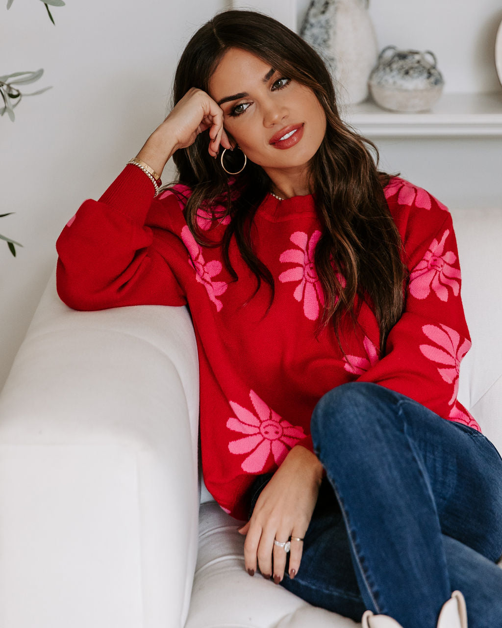 Oh Happy Daisy Pullover Sweater - Red - Se7enfashion