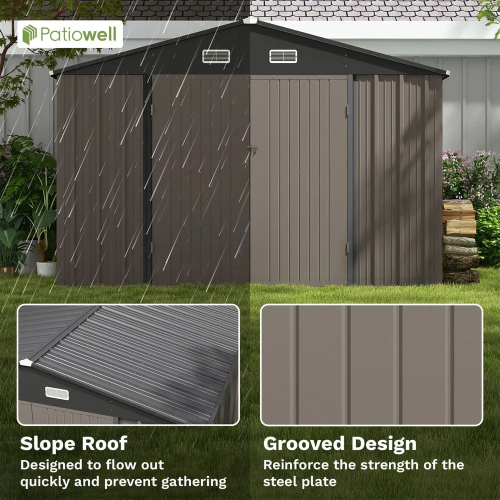 Patiowell 10×10 ft Metal Storage Shed, Sloping Roof, Double Lockable Doors, Galvanized Steel, Coffee Brown