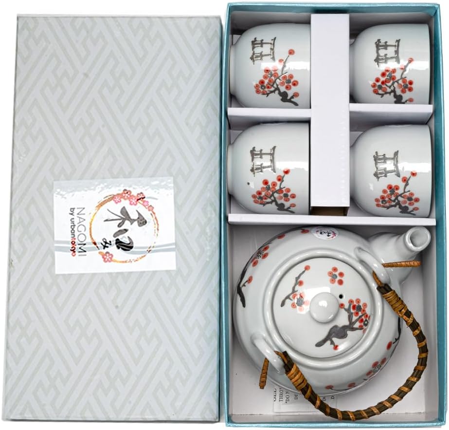 Urban Tokyo Japanese Cherry Blossom Torii Gate Design Tea Set, 22 oz Ceramic Teapot with 4 Cups, White with Bamboo Handle