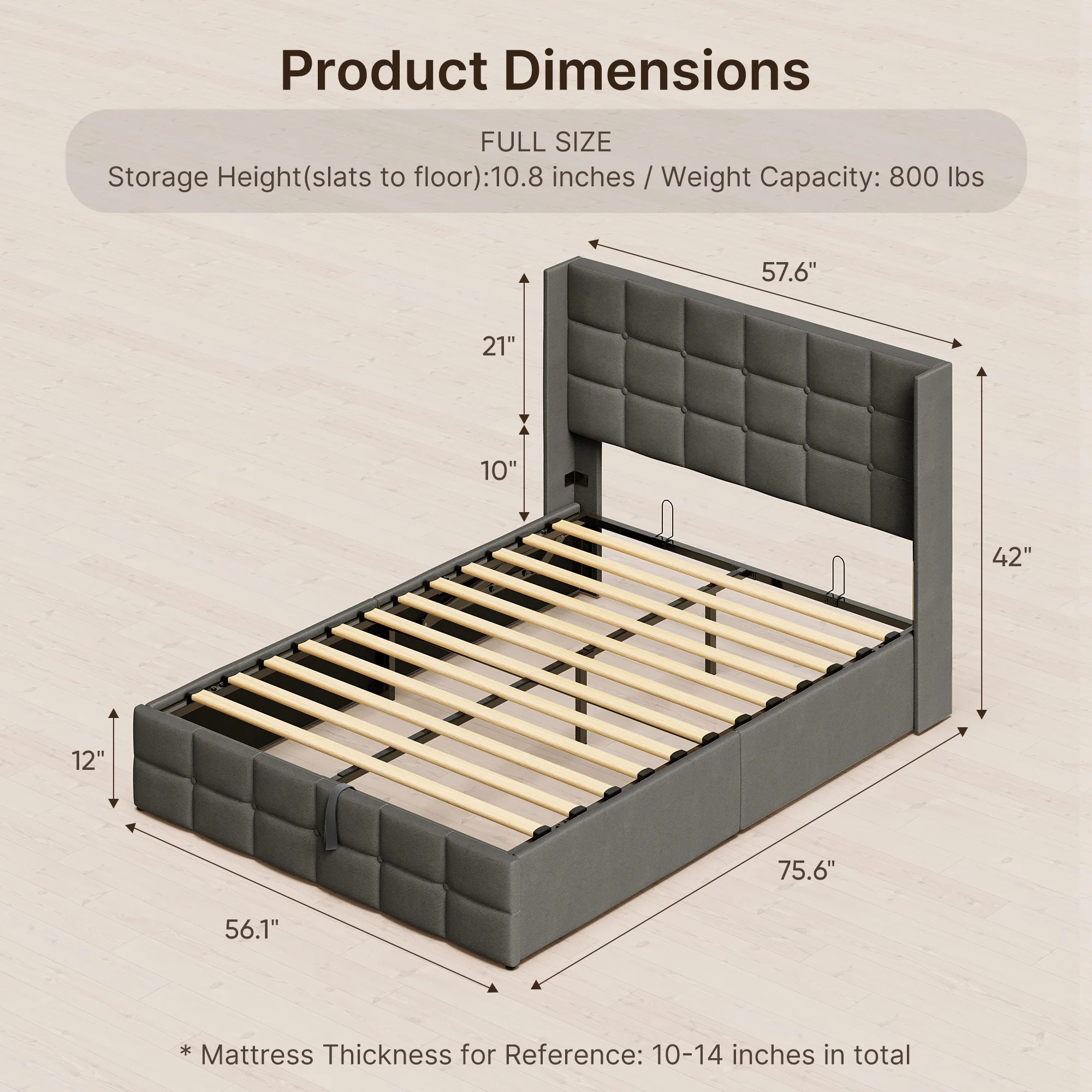 Lofka Lift Up Storage Bed Full Size, Modern Wingback Headboard, No Box Spring Needed, Hydraulic Storage, Dark Grey - Image 8