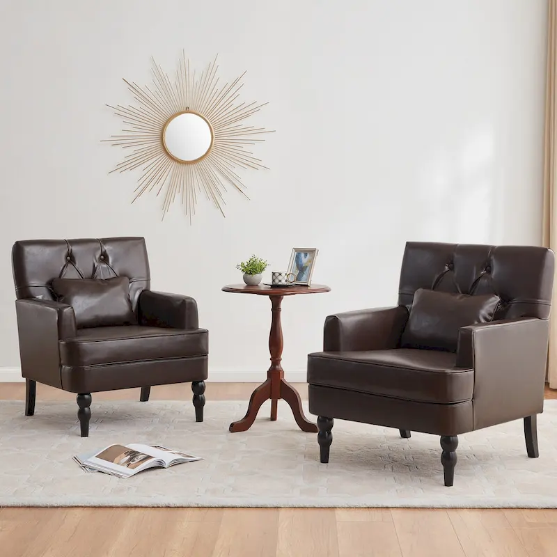 Set of 2 Arm Chair Upholstered Button Tufted Accent Chair with Lumbar Pillow Beige/ Grey/ Light Blue