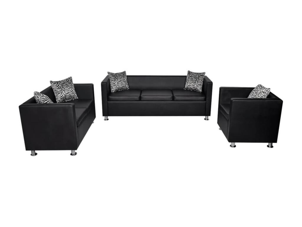 Conjunto de sofás de 2 y 3 plazas y sillón de cuero artificial negro