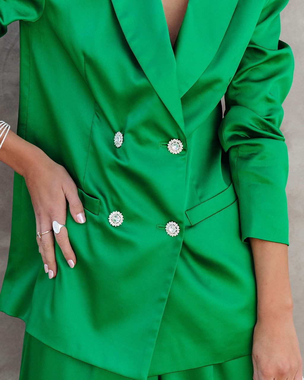 Sensational Queen Satin Embellished Pocketed Blazer - Emerald - Se7enfashion