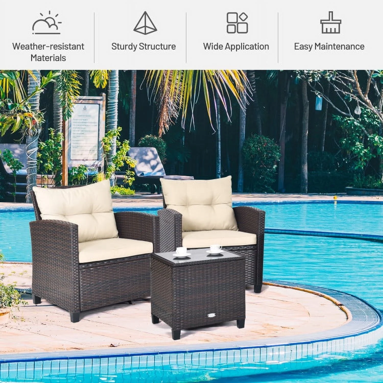 Spaco Patio Furniture 4 Pieces Patio Rattan Furniture Set, Outdoor Wicker Rattan Chairs Garden Backyard Balcony Porch Poolside loveseat with Coffee Table Cushioned Sofa-White - Image 9