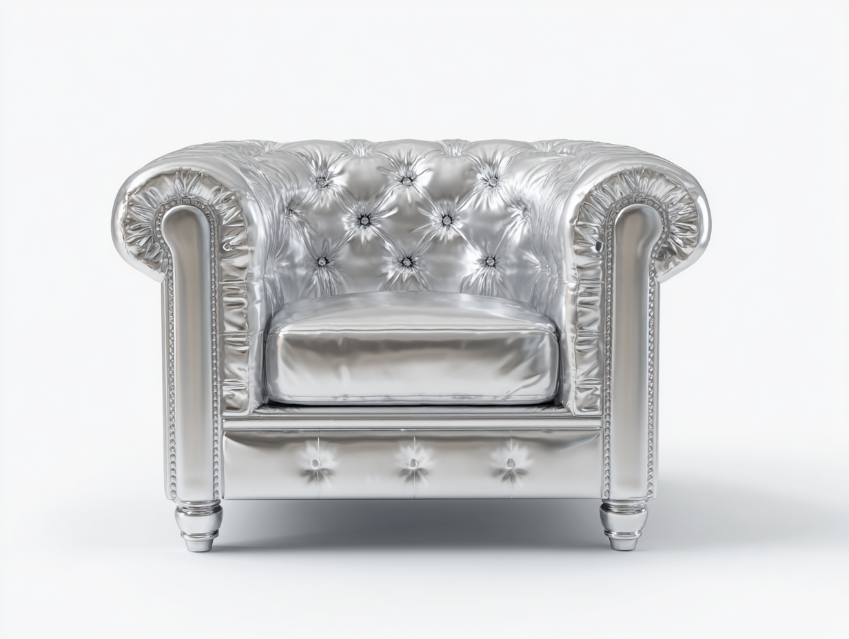 Sillón individual de cuero plateado 90×85×75 cm – capitoné clásico – patas torneadas