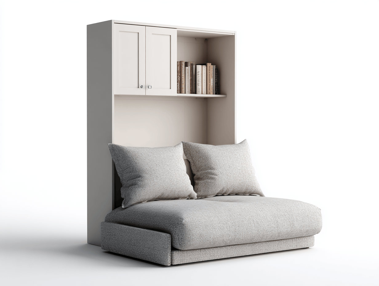 Sofá cama modular con estantería y armario superior – tapizado en tela beige – diseño minimalista con cojines grandes