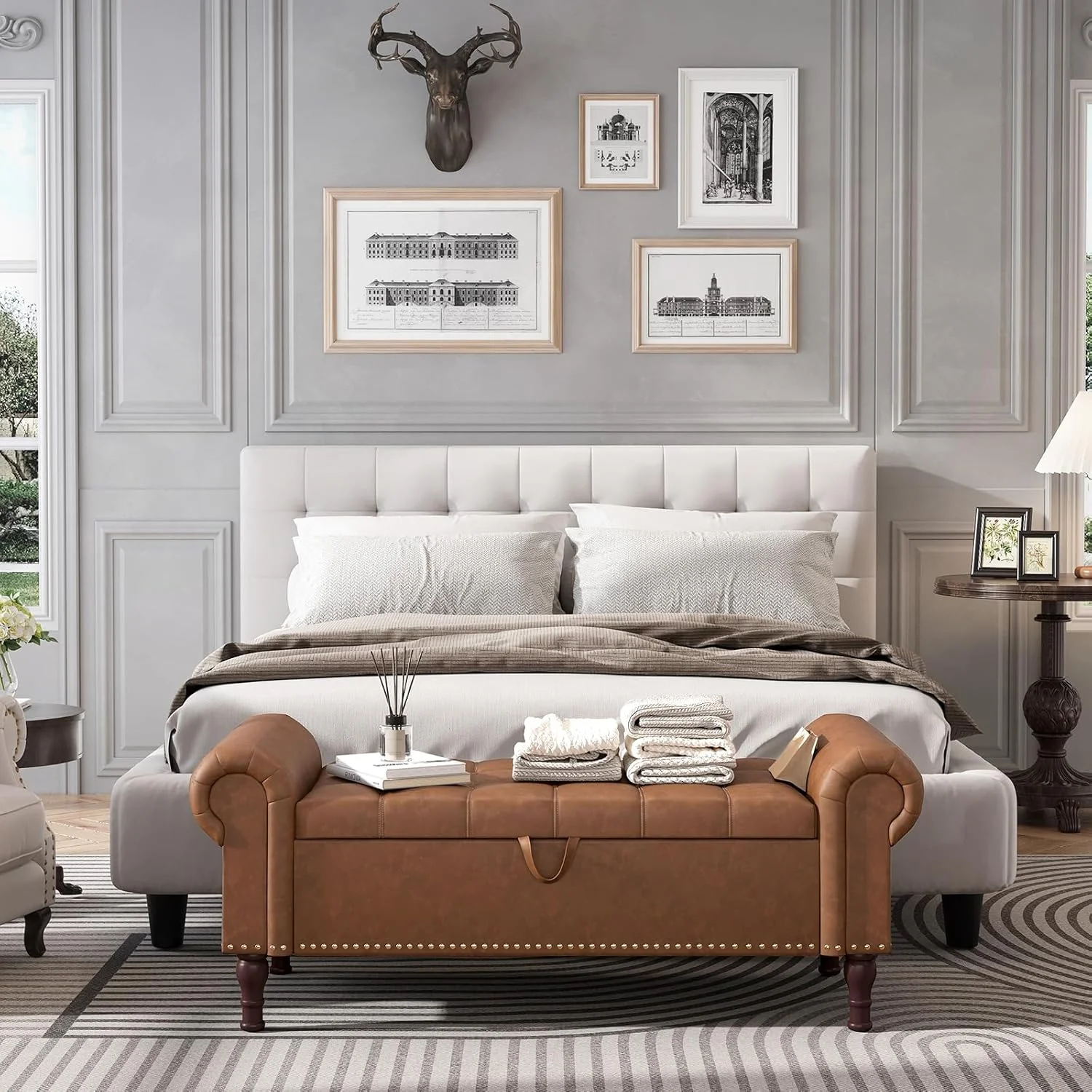 YOUDENOVA Storage Ottoman Bench for Bedroom 51" Queen Leather Storage Bench with Button, Upholstered Bedroom Bench with Rolled Arms for Living Room, Storage Room, Entryway, Gray - Image 19
