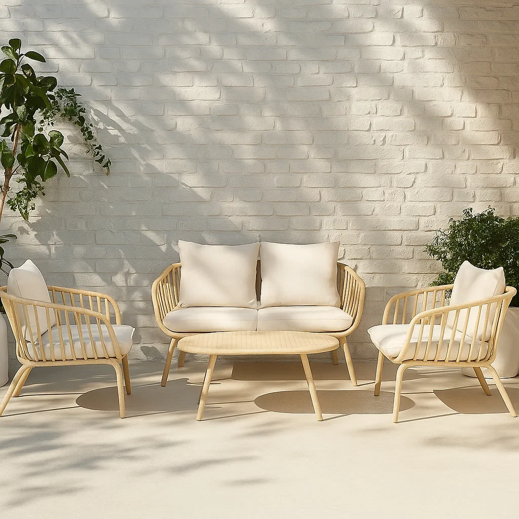 Conjunto de Jardín de Ratán: 1 Sofá de 2 Plazas, 2 Sillones y 1 Mesa Baja, Cojines Blancos, Color Beige - NTMPKTn217zu