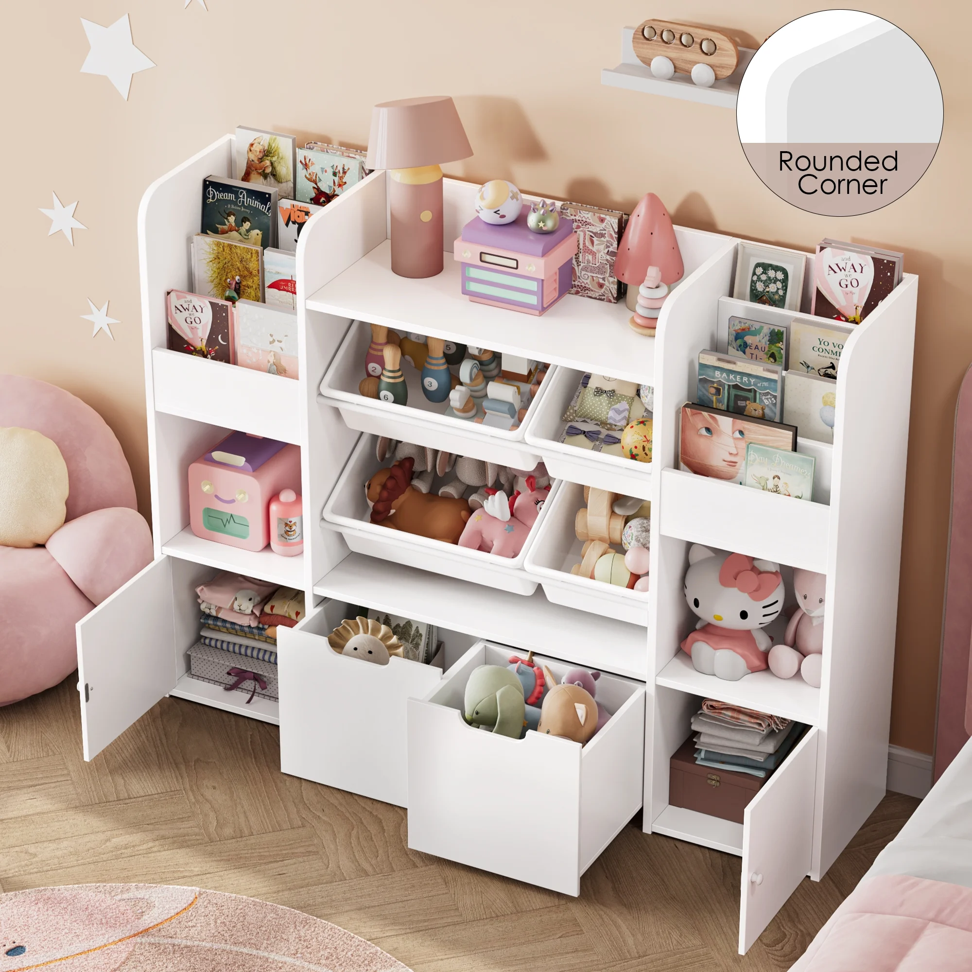Hiphuta Kids Bookcase Toy Storage Organizer, Wooden Toy Organizer of 4 Bins& 2 Removable Drawers for Home Bedroom, Kids Bookshelf Toy Box with Book Rack, White - Image 10