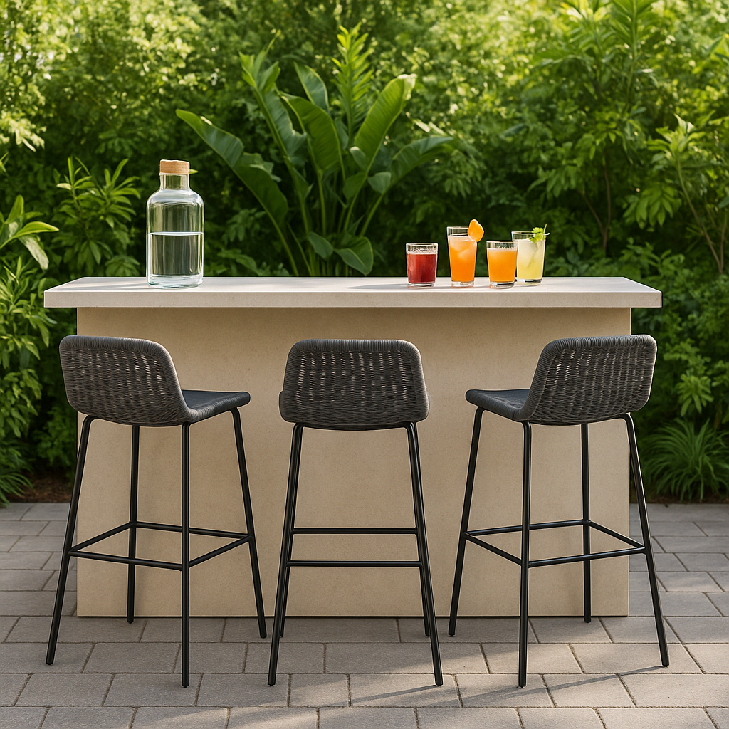 Bar de jardín mesa alta con taburetes y cojines, negro, ratán sintético y acero, para exterior, 140 cm largo x 45 cm ancho x 110 cm alto