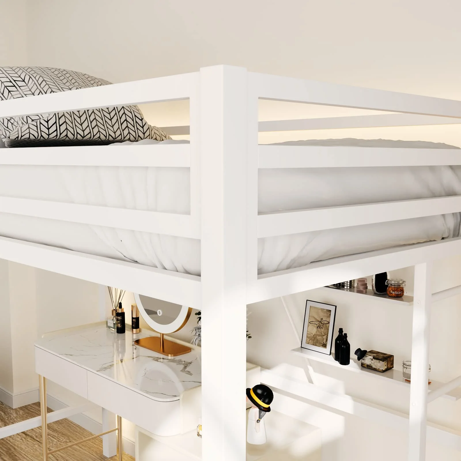 Einfach Metal Twin Size Loft Bed with Removable Ladder & Full-Length Guardrail, White - Image 4